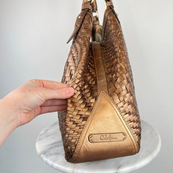 Cole Haan Genevieve Weave Brown Metallic Gold Leather Large Shoulder Bag - Picture 15 of 16